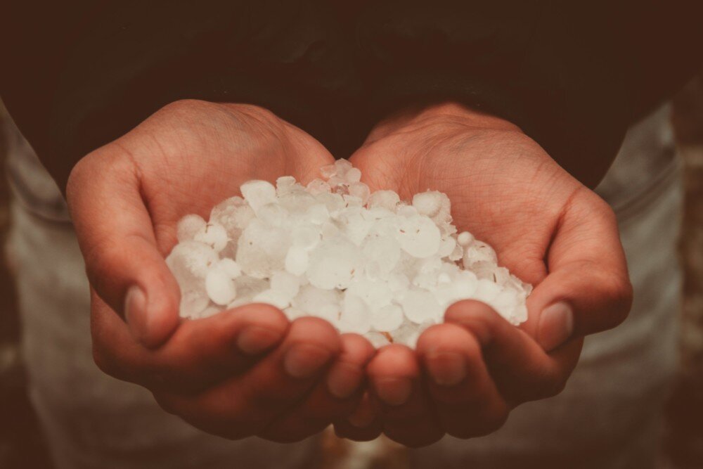 hailstones in hands